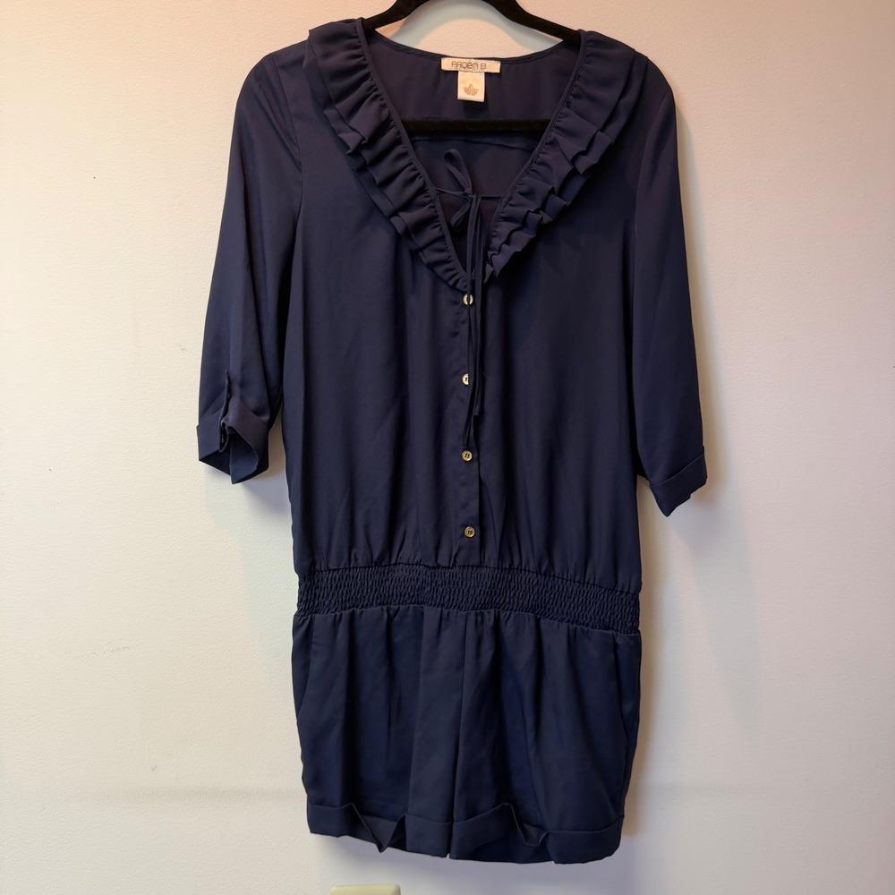 Arden B Womens Navy Blue Ruffle V-Neck Smocked Waist Romper Size M - Picture 4 of 5